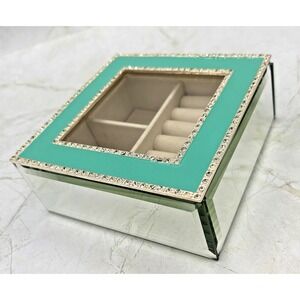 Nicole Miller Hollywood Regency Style Mirrored Trinket Box Seafoam Enamel EUC